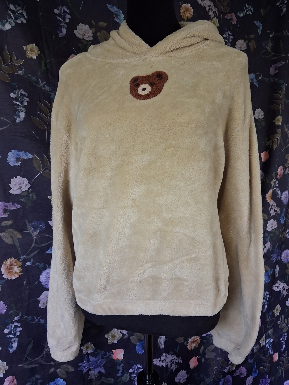 Beige Teddy Appliqué Hooded Women's Sweater